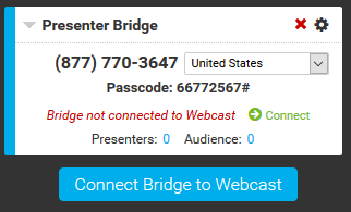 The Presenter Bridge section shows 0 presenters connected to the bridge and the Connect Bridge To Webcast button
