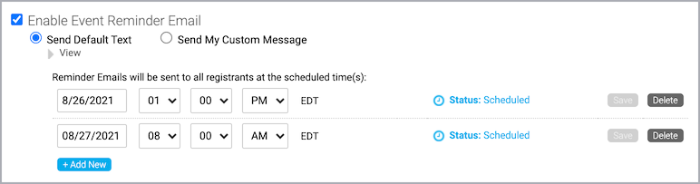 Enable Event Reminder Email selected and shows two reminder emails scheduled with default text