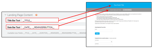 Title Bar Text and Date Bar Text fields and the event title and date bars on the landing page