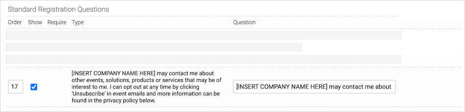 Standard Registration Questions section with [INSERT COMPANY NAME HERE] option selected