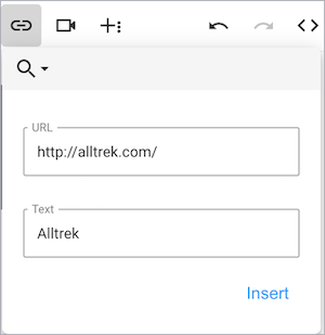 Insert Link window shows a link in the URL field and display text entered in the Text field