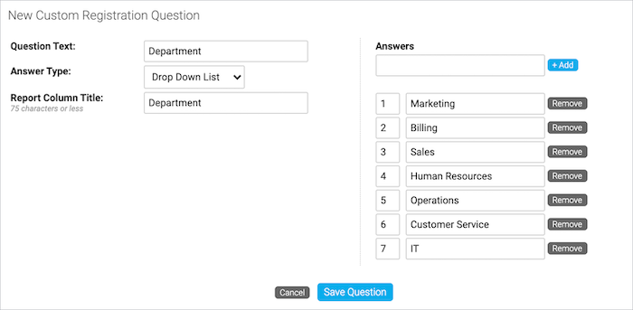 New Custom Registration Question section shows the Question Text, Answer Type, Report Column Title, and Answers