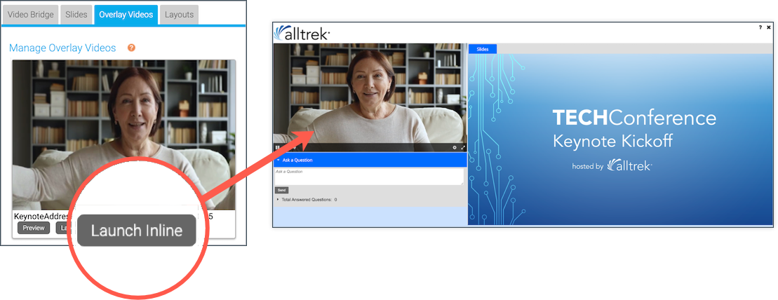 Live Studio Overlay Videos tab with Launch Inline option and event window with inline video playing in the video player