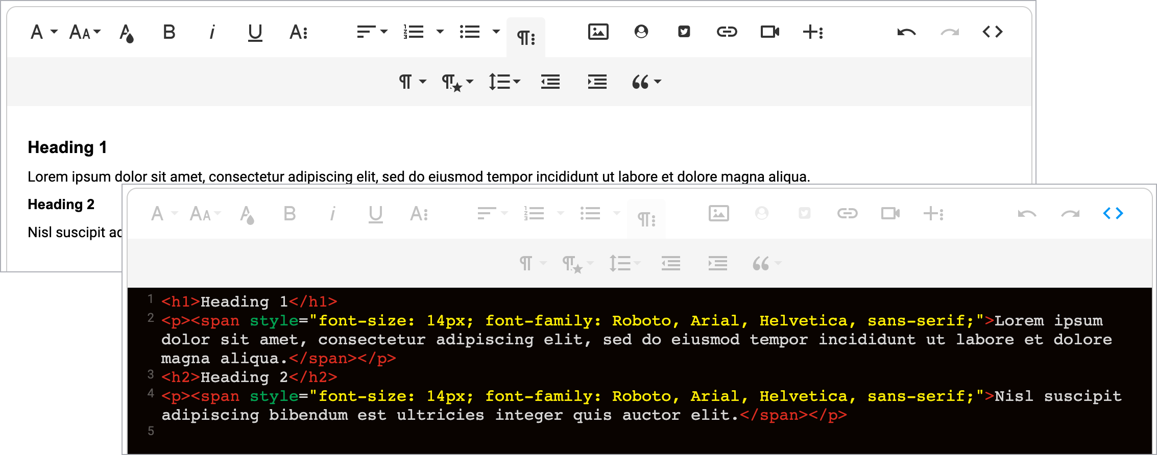 Text editor shows visual editor view and source code view