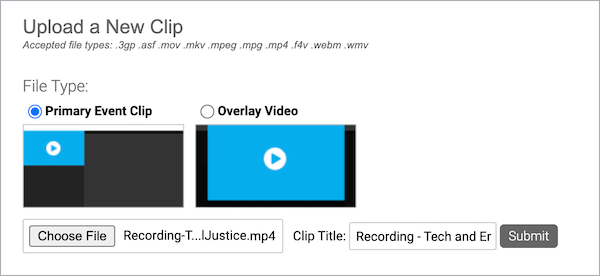 Upload a New Clip section-Primary Event Clip selected and file uploaded