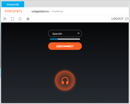 The event window shows the Interprefy widget demo in a custom tab