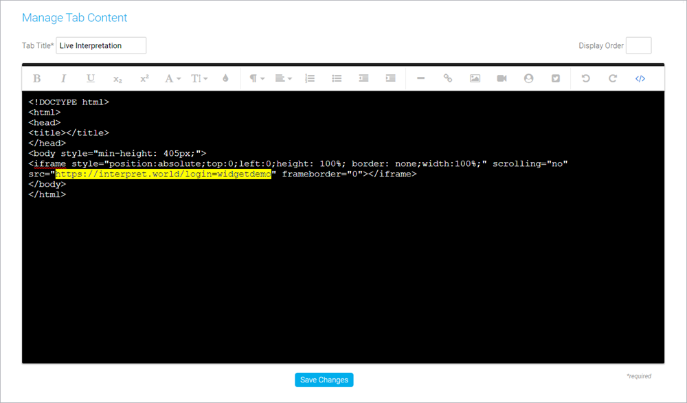 Manage Tab Content window shows the text editor in code view with the example code and the Interprefy link highlighted