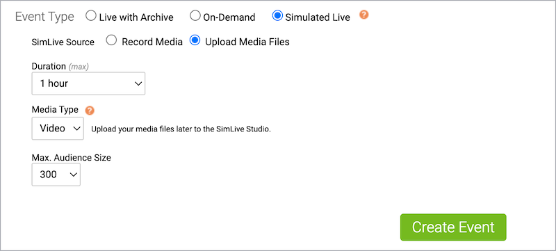 Simulated Live event details with Upload Media selected